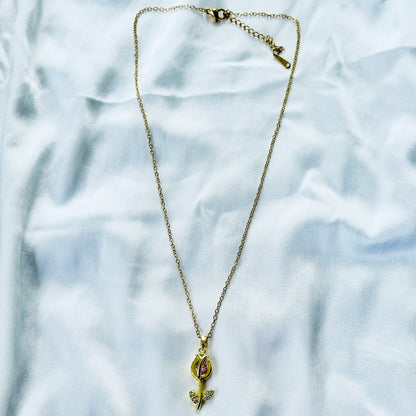 Pink Topaz Cubic Zirconia Tulip Design American Diamond Gold Plated Stainless Steel Necklace