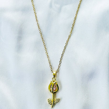 Pink Topaz Cubic Zirconia Tulip Design American Diamond Gold Plated Stainless Steel Necklace