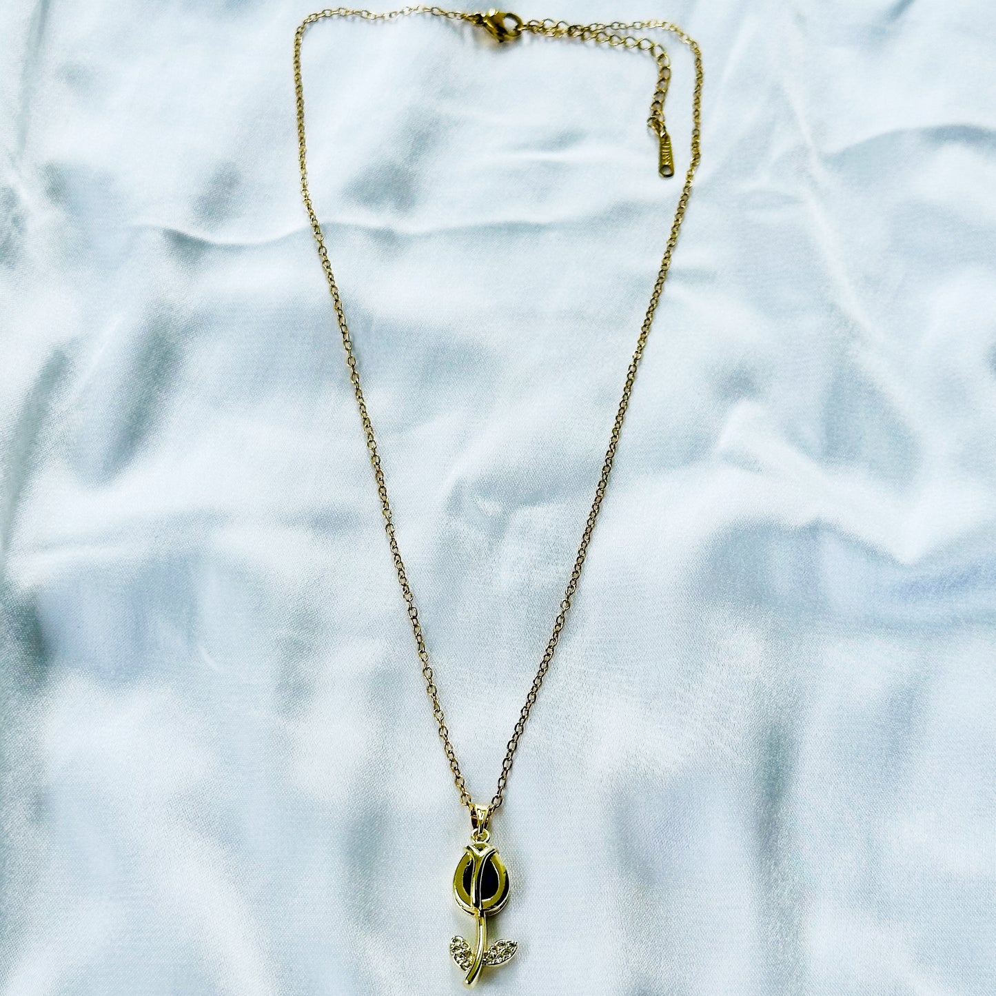 Purple Amethyst Cubic Zirconia Tulip Design American Diamond Gold Plated Stainless Steel Necklace