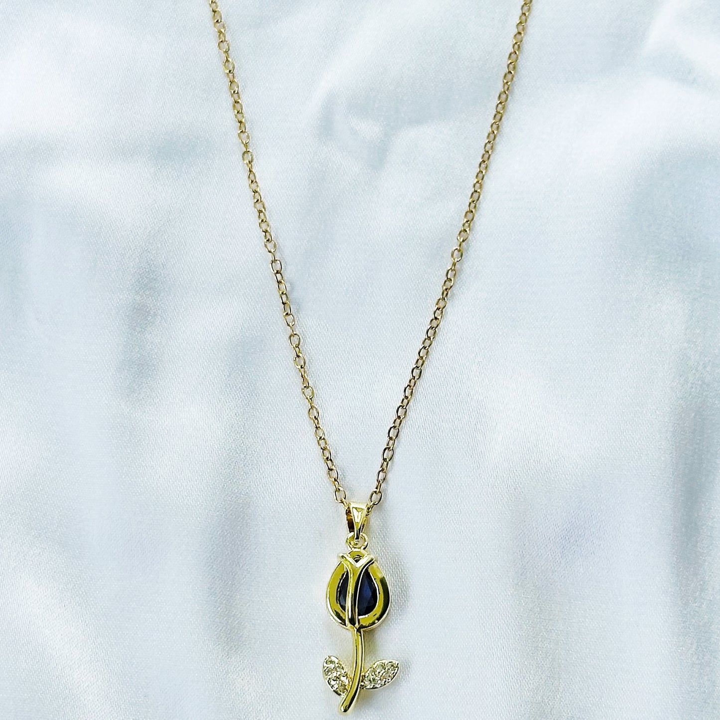 Purple Amethyst Cubic Zirconia Tulip Design American Diamond Gold Plated Stainless Steel Necklace