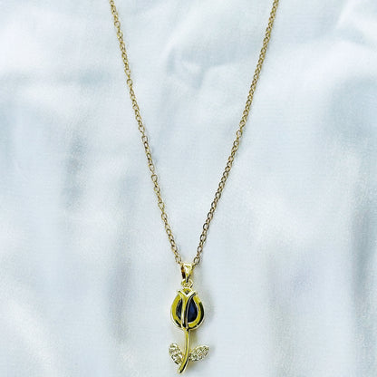 Purple Amethyst Cubic Zirconia Tulip Design American Diamond Gold Plated Stainless Steel Necklace