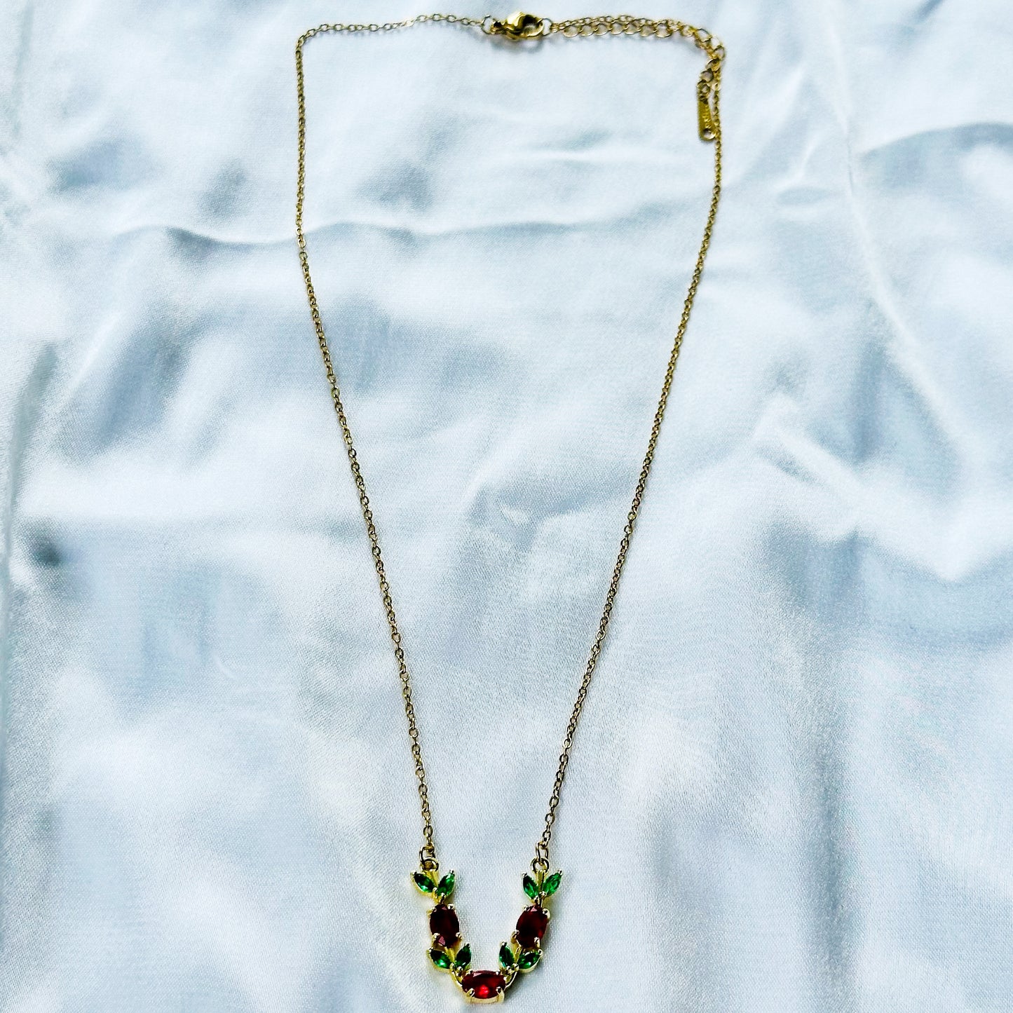 Green Emerald & Red Ruby Cubic Zirconia Tulip Design American Diamond Gold Plated Stainless Steel Necklace