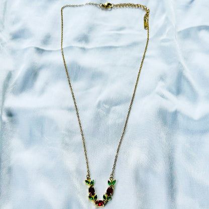 Green Emerald & Red Ruby Cubic Zirconia Tulip Design American Diamond Gold Plated Stainless Steel Necklace