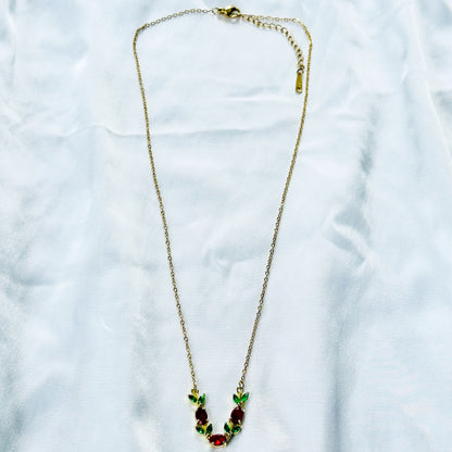 Green Emerald & Red Ruby Cubic Zirconia Tulip Design American Diamond Gold Plated Stainless Steel Necklace