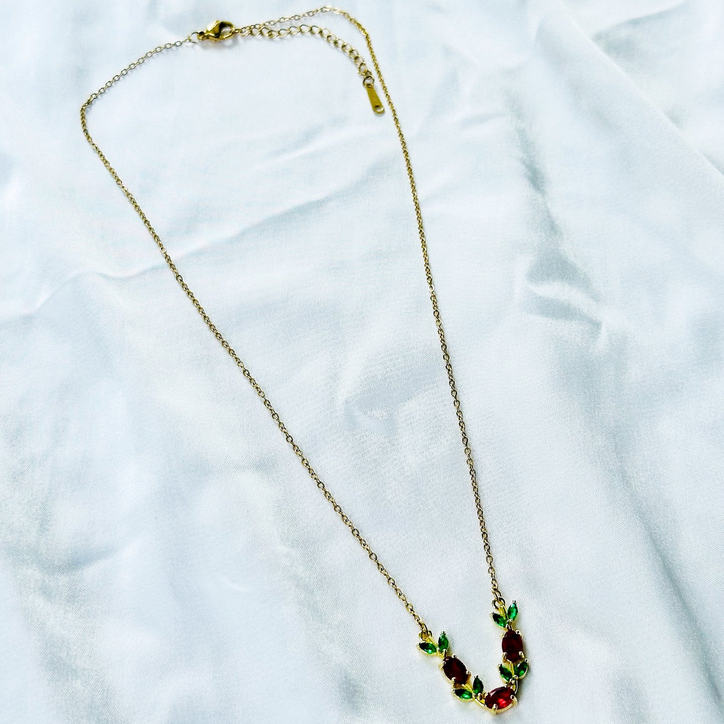 Green Emerald & Red Ruby Cubic Zirconia Tulip Design American Diamond Gold Plated Stainless Steel Necklace