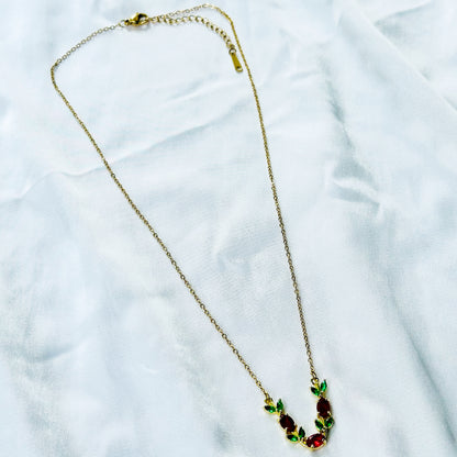 Green Emerald & Red Ruby Cubic Zirconia Tulip Design American Diamond Gold Plated Stainless Steel Necklace