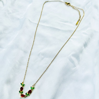 Green Emerald & Red Ruby Cubic Zirconia Tulip Design American Diamond Gold Plated Stainless Steel Necklace