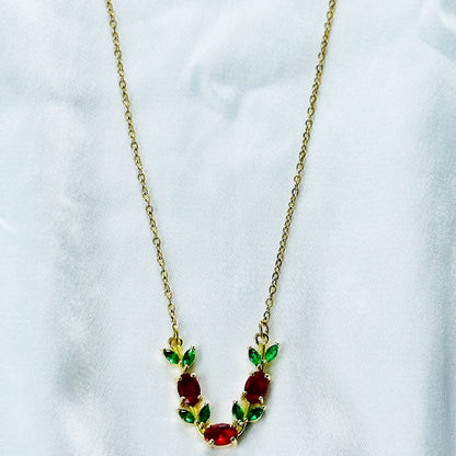 Green Emerald & Red Ruby Cubic Zirconia Tulip Design American Diamond Gold Plated Stainless Steel Necklace