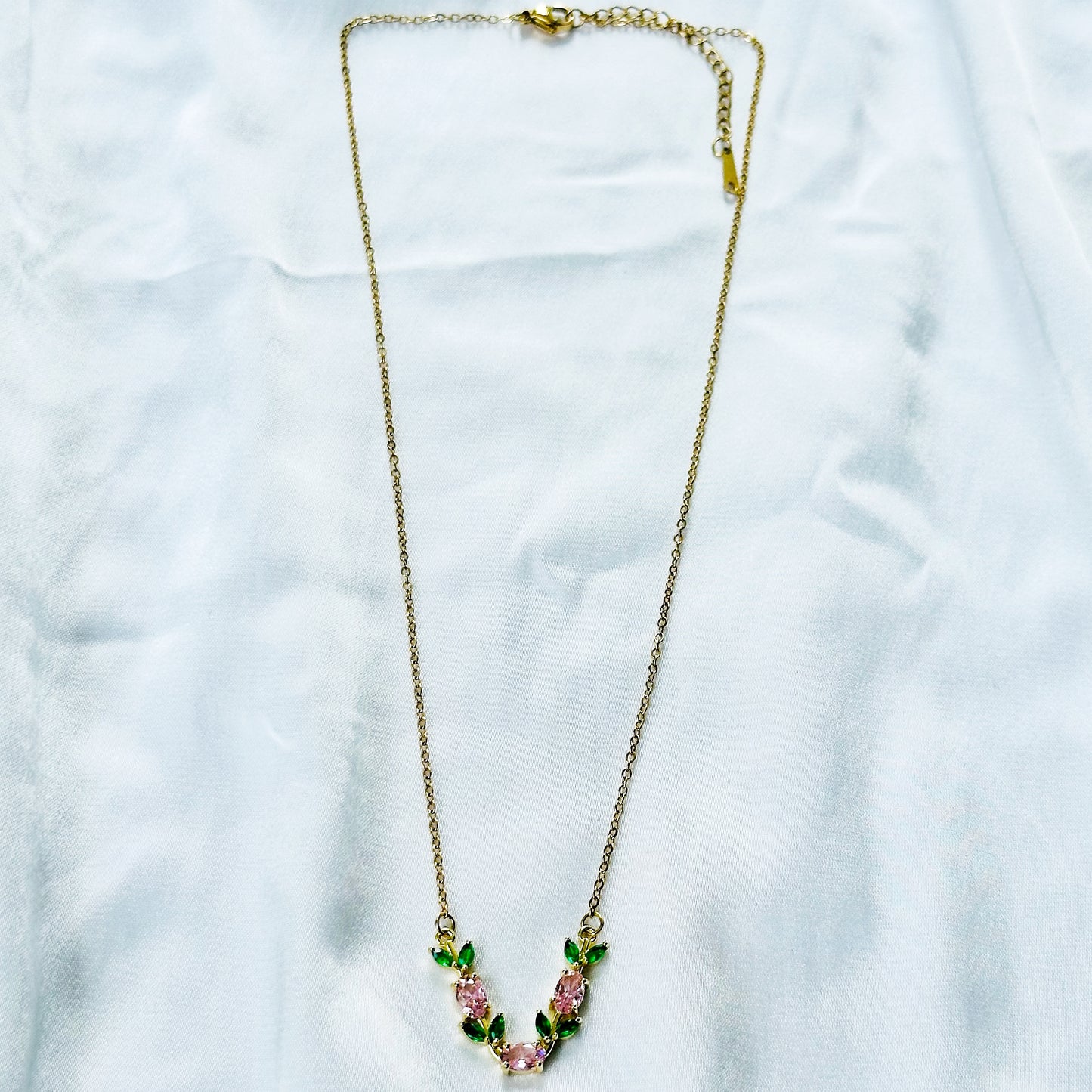 Green Emerald & Pink Topaz Cubic Zirconia Tulip Design American Diamond Gold Plated Stainless Steel Necklace