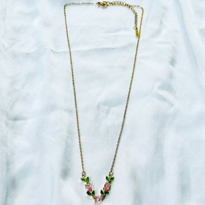 Green Emerald & Pink Topaz Cubic Zirconia Tulip Design American Diamond Gold Plated Stainless Steel Necklace
