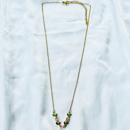 Green Emerald & Pink Topaz Cubic Zirconia Tulip Design American Diamond Gold Plated Stainless Steel Necklace