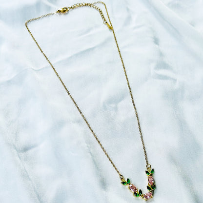 Green Emerald & Pink Topaz Cubic Zirconia Tulip Design American Diamond Gold Plated Stainless Steel Necklace