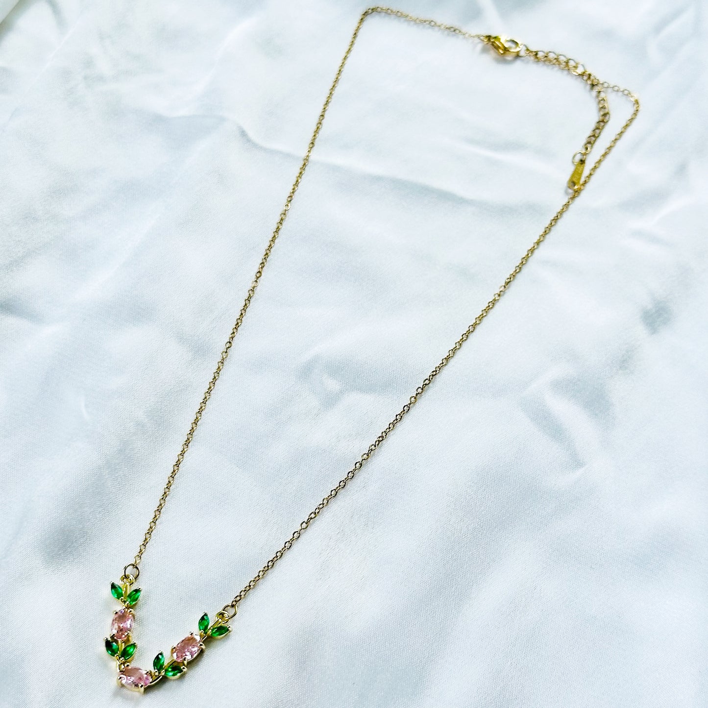 Green Emerald & Pink Topaz Cubic Zirconia Tulip Design American Diamond Gold Plated Stainless Steel Necklace