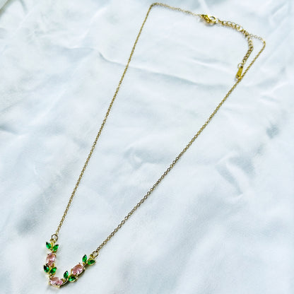 Green Emerald & Pink Topaz Cubic Zirconia Tulip Design American Diamond Gold Plated Stainless Steel Necklace