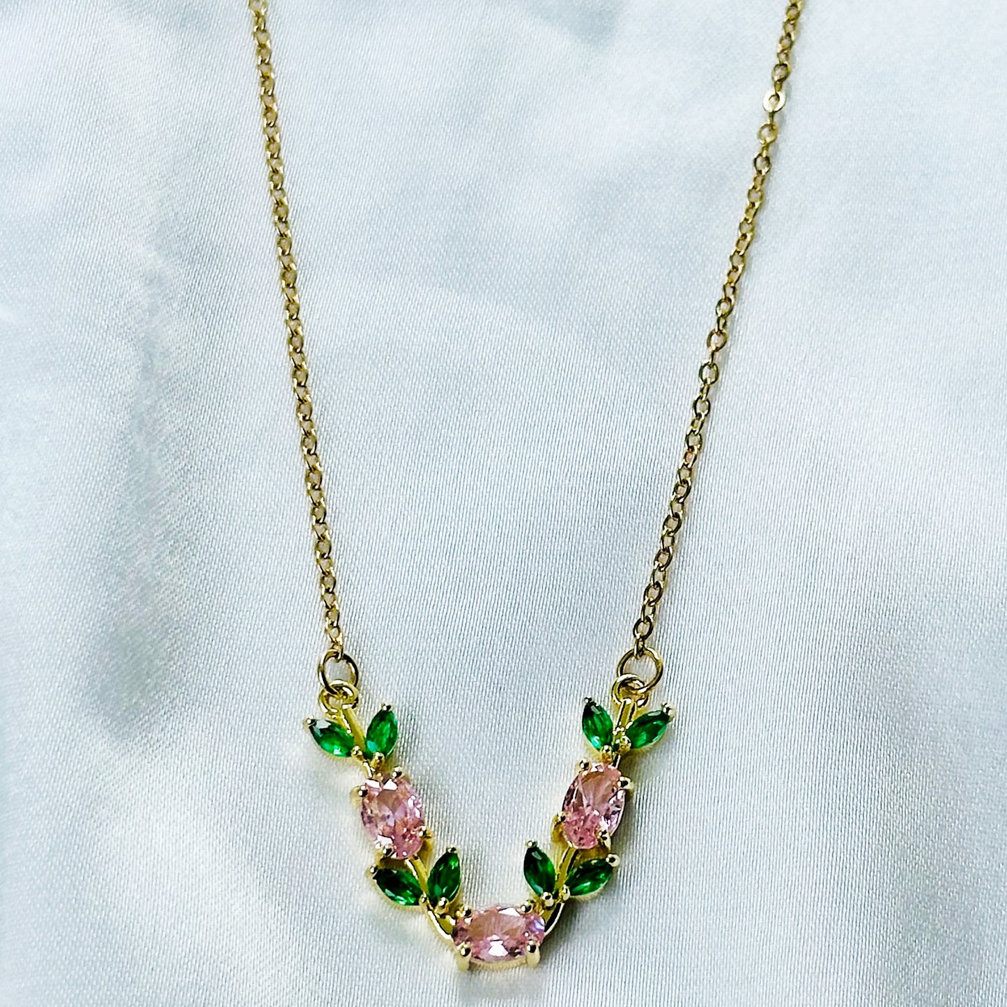 Green Emerald & Pink Topaz Cubic Zirconia Tulip Design American Diamond Gold Plated Stainless Steel Necklace