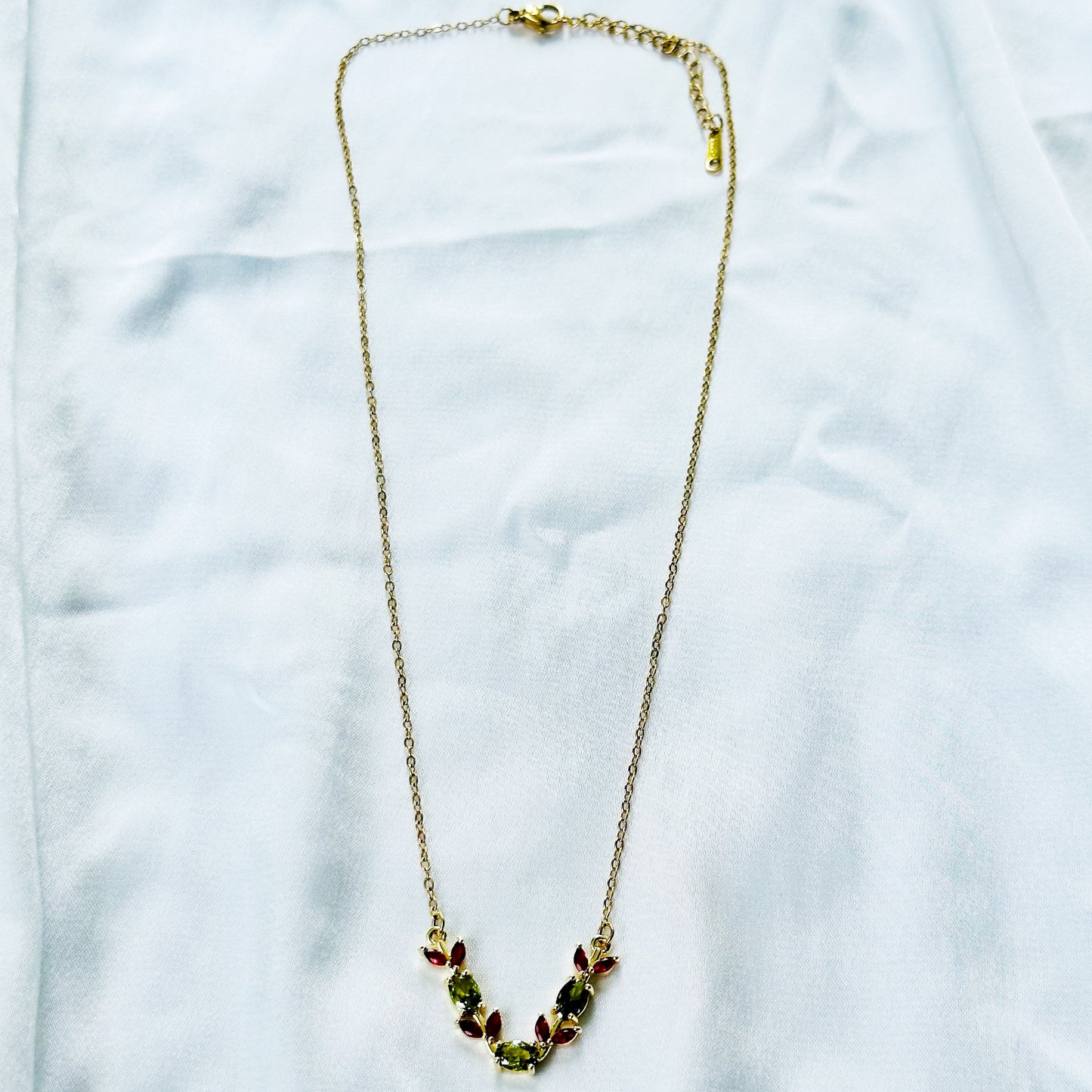 Olive Green & Red Ruby Cubic Zirconia Tulip Design American Diamond Gold Plated Stainless Steel Necklace