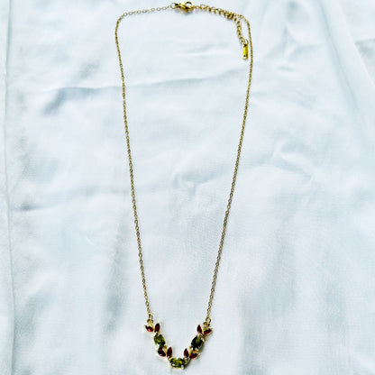 Olive Green & Red Ruby Cubic Zirconia Tulip Design American Diamond Gold Plated Stainless Steel Necklace