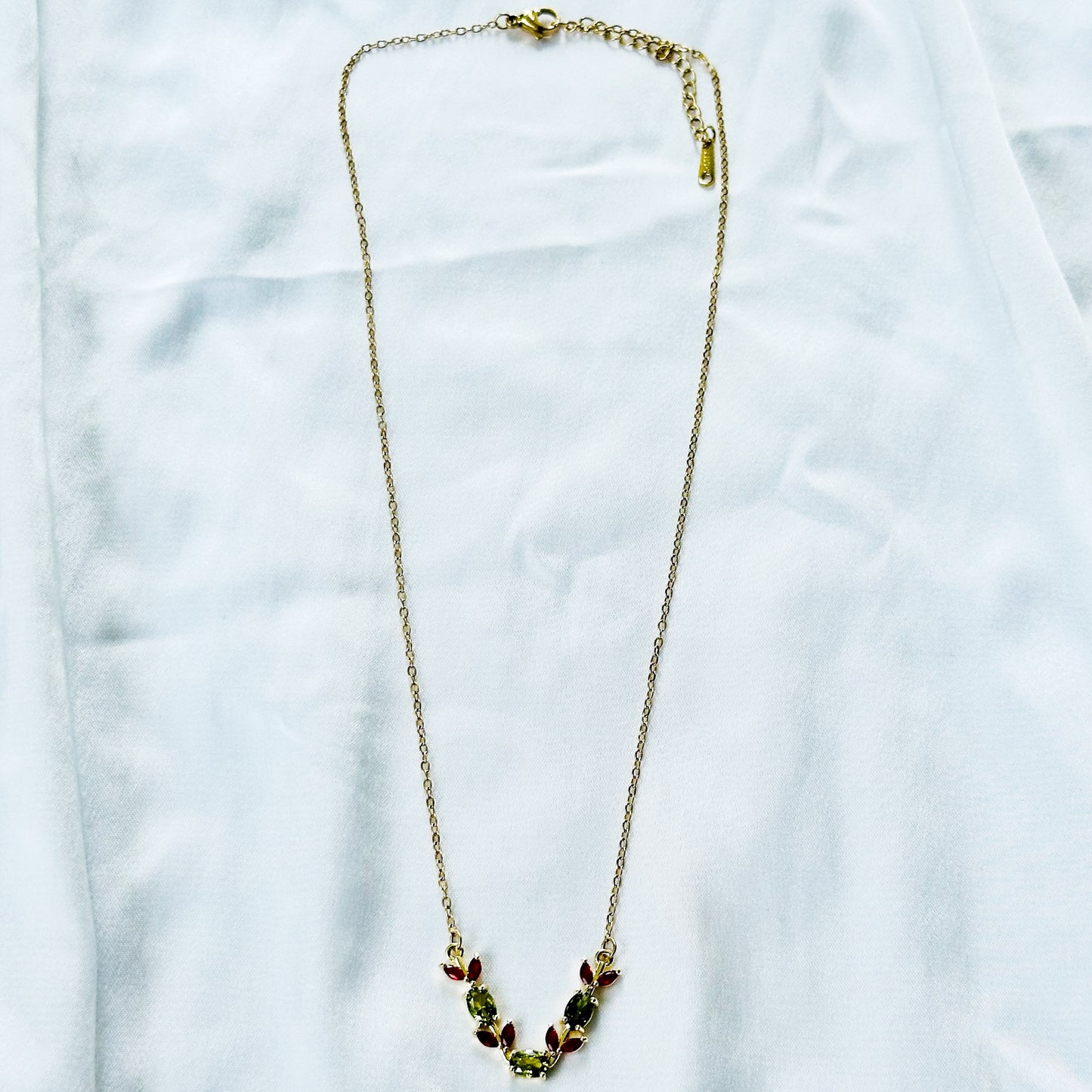 Olive Green & Red Ruby Cubic Zirconia Tulip Design American Diamond Gold Plated Stainless Steel Necklace