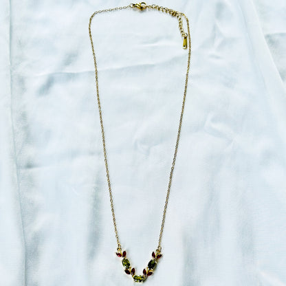Olive Green & Red Ruby Cubic Zirconia Tulip Design American Diamond Gold Plated Stainless Steel Necklace