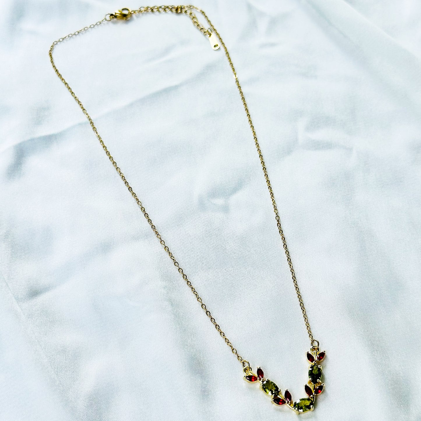 Olive Green & Red Ruby Cubic Zirconia Tulip Design American Diamond Gold Plated Stainless Steel Necklace