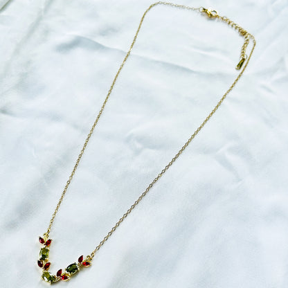Olive Green & Red Ruby Cubic Zirconia Tulip Design American Diamond Gold Plated Stainless Steel Necklace