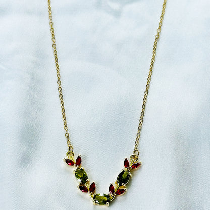 Olive Green & Red Ruby Cubic Zirconia Tulip Design American Diamond Gold Plated Stainless Steel Necklace