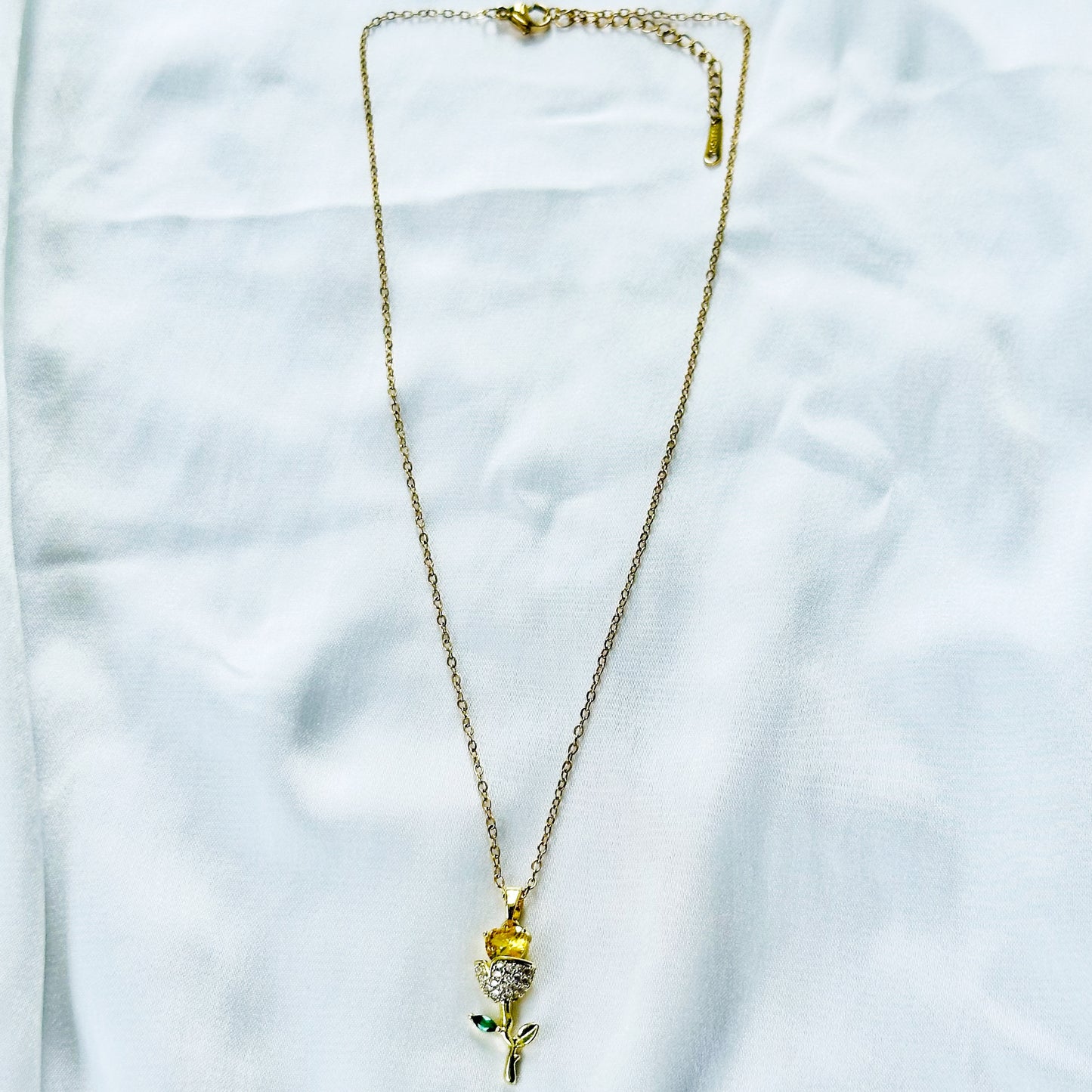 Green Emerald & Yellow Topaz Cubic Zirconia Flower Design American Diamond Gold Plated Stainless Steel Necklace