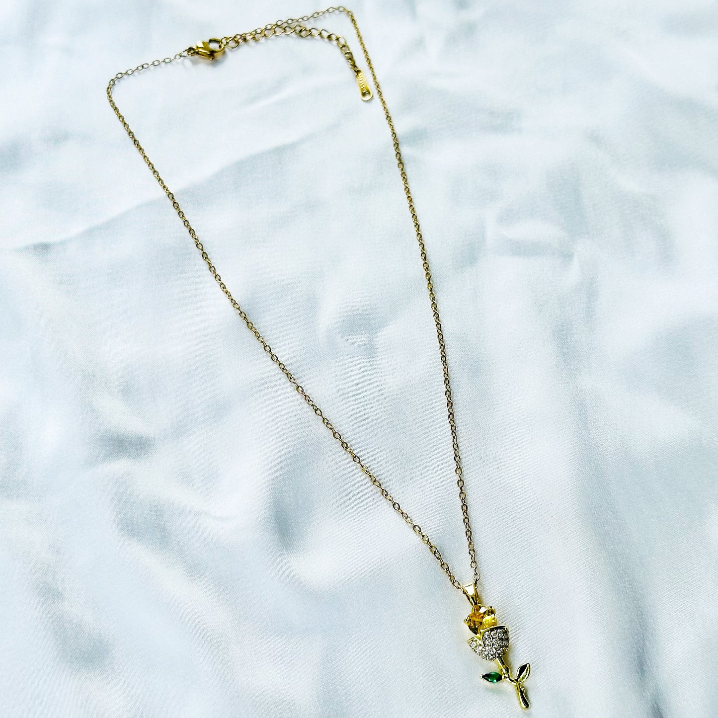 Green Emerald & Yellow Topaz Cubic Zirconia Flower Design American Diamond Gold Plated Stainless Steel Necklace