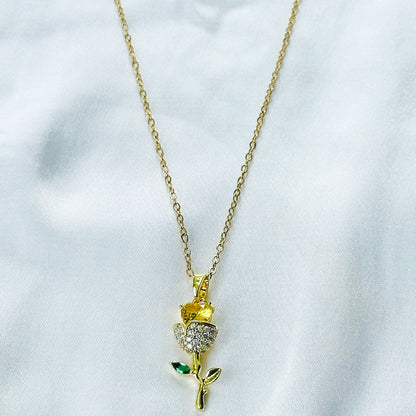 Green Emerald & Yellow Topaz Cubic Zirconia Flower Design American Diamond Gold Plated Stainless Steel Necklace