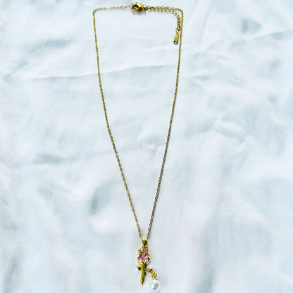 Pink Topaz Cubic Zirconia & Pearl Flower Design American Diamond Gold Plated Stainless Steel Necklace