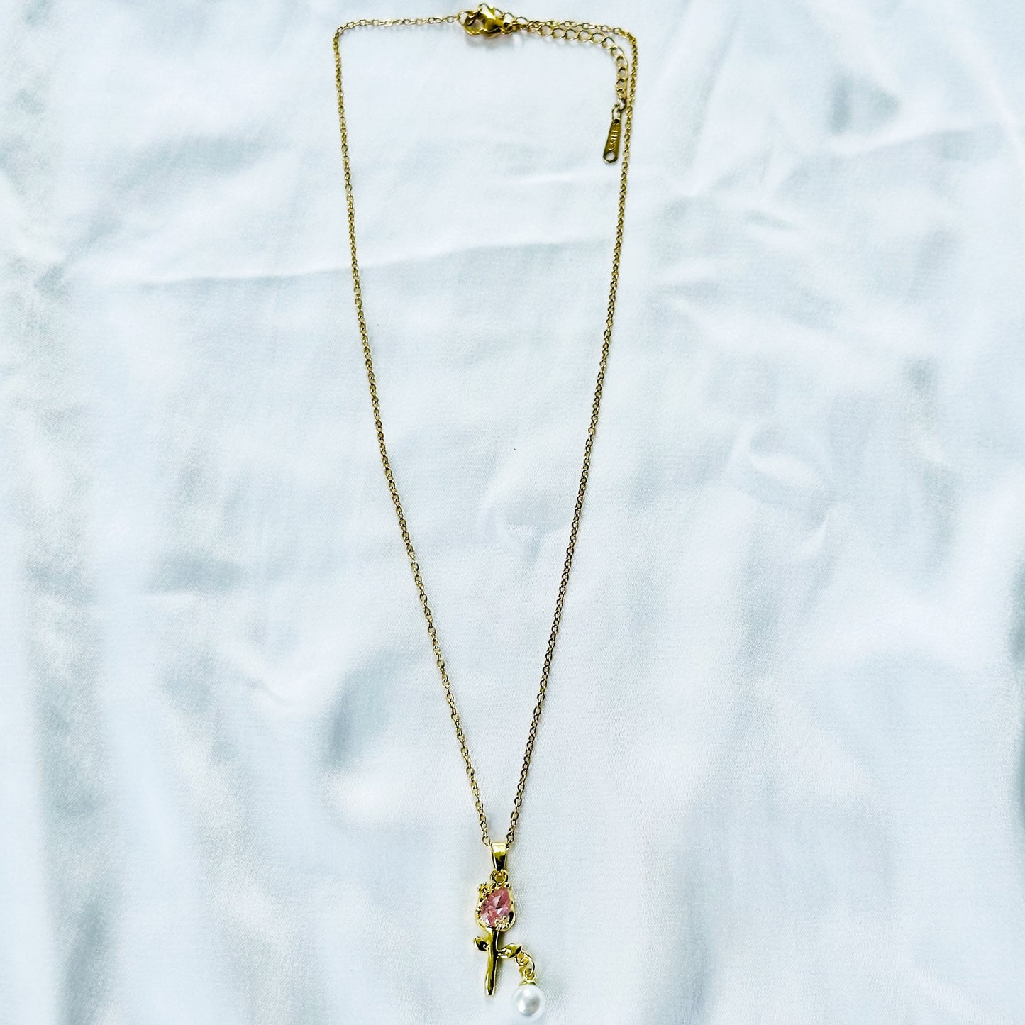 Pink Topaz Cubic Zirconia & Pearl Flower Design American Diamond Gold Plated Stainless Steel Necklace