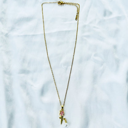 Pink Topaz Cubic Zirconia & Pearl Flower Design American Diamond Gold Plated Stainless Steel Necklace