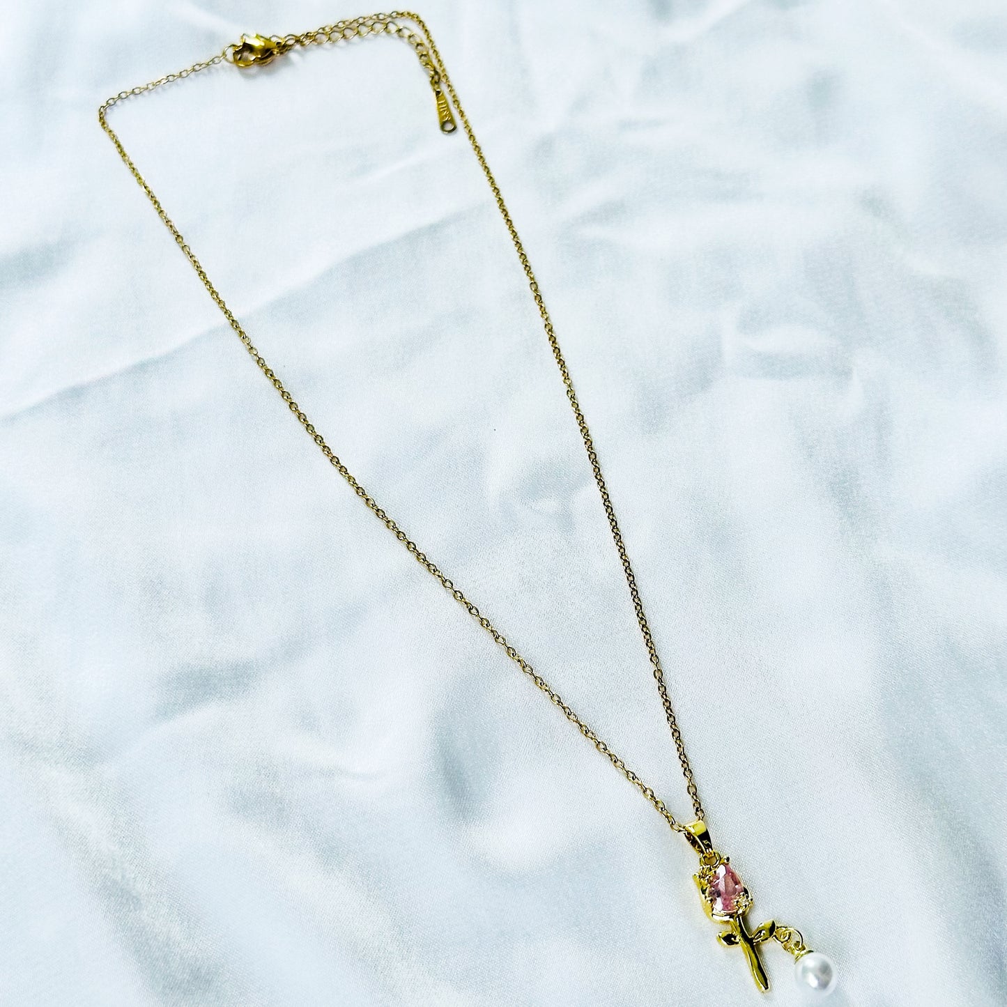 Pink Topaz Cubic Zirconia & Pearl Flower Design American Diamond Gold Plated Stainless Steel Necklace