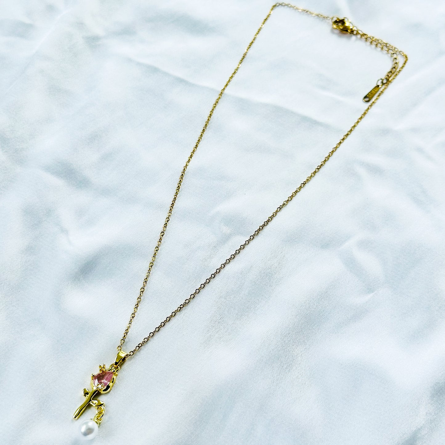 Pink Topaz Cubic Zirconia & Pearl Flower Design American Diamond Gold Plated Stainless Steel Necklace