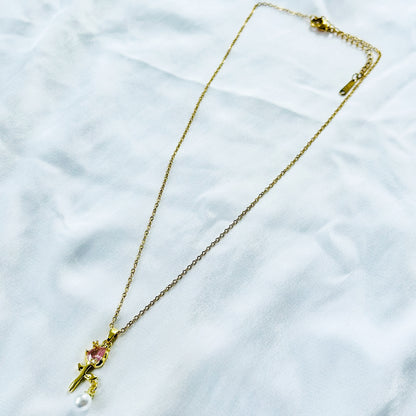 Pink Topaz Cubic Zirconia & Pearl Flower Design American Diamond Gold Plated Stainless Steel Necklace