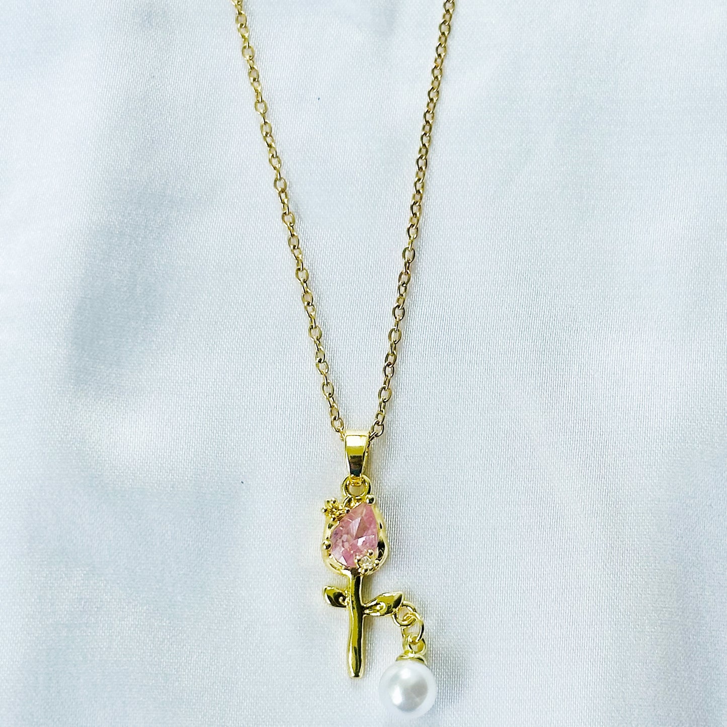 Pink Topaz Cubic Zirconia & Pearl Flower Design American Diamond Gold Plated Stainless Steel Necklace