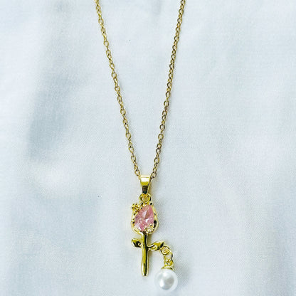 Pink Topaz Cubic Zirconia & Pearl Flower Design American Diamond Gold Plated Stainless Steel Necklace