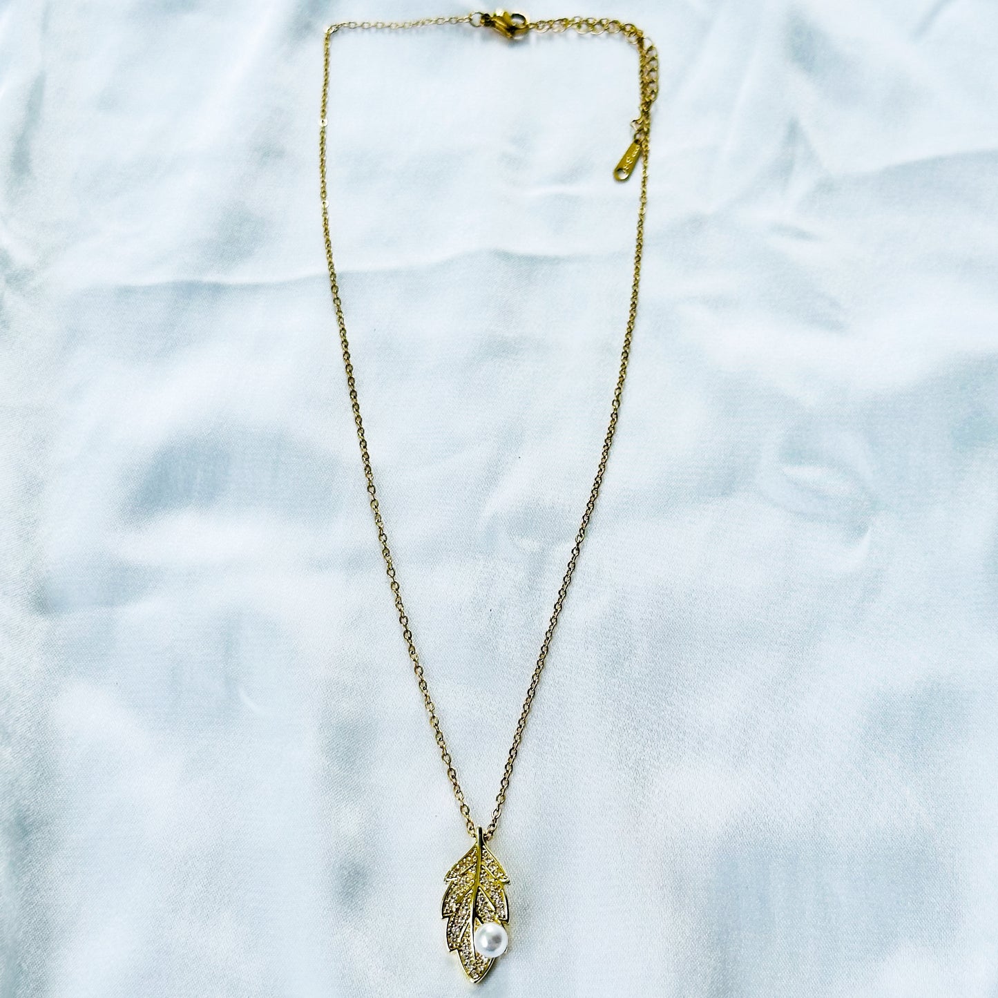 Leaf Design Pearl Studded American Diamond Gold Plated Stainless Steel Necklace