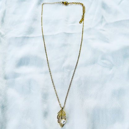 Leaf Design Pearl Studded American Diamond Gold Plated Stainless Steel Necklace