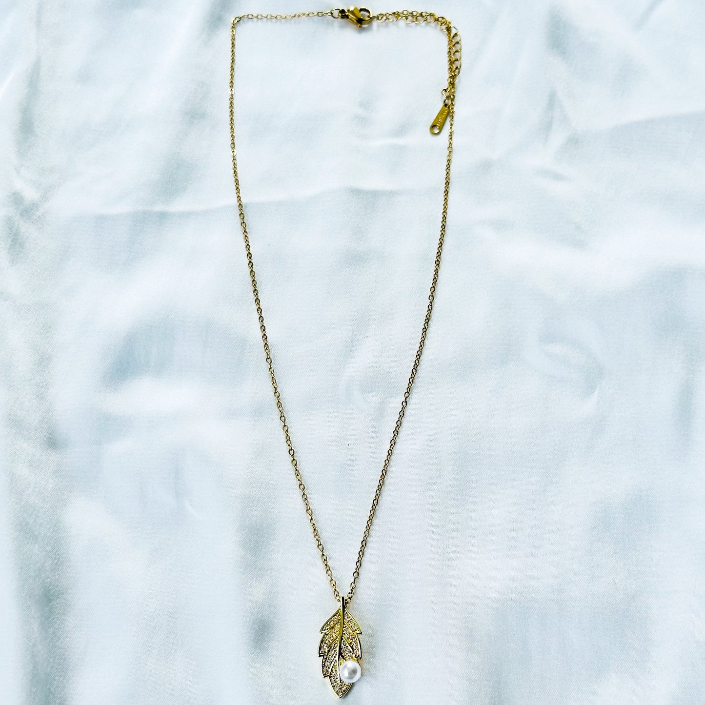 Leaf Design Pearl Studded American Diamond Gold Plated Stainless Steel Necklace
