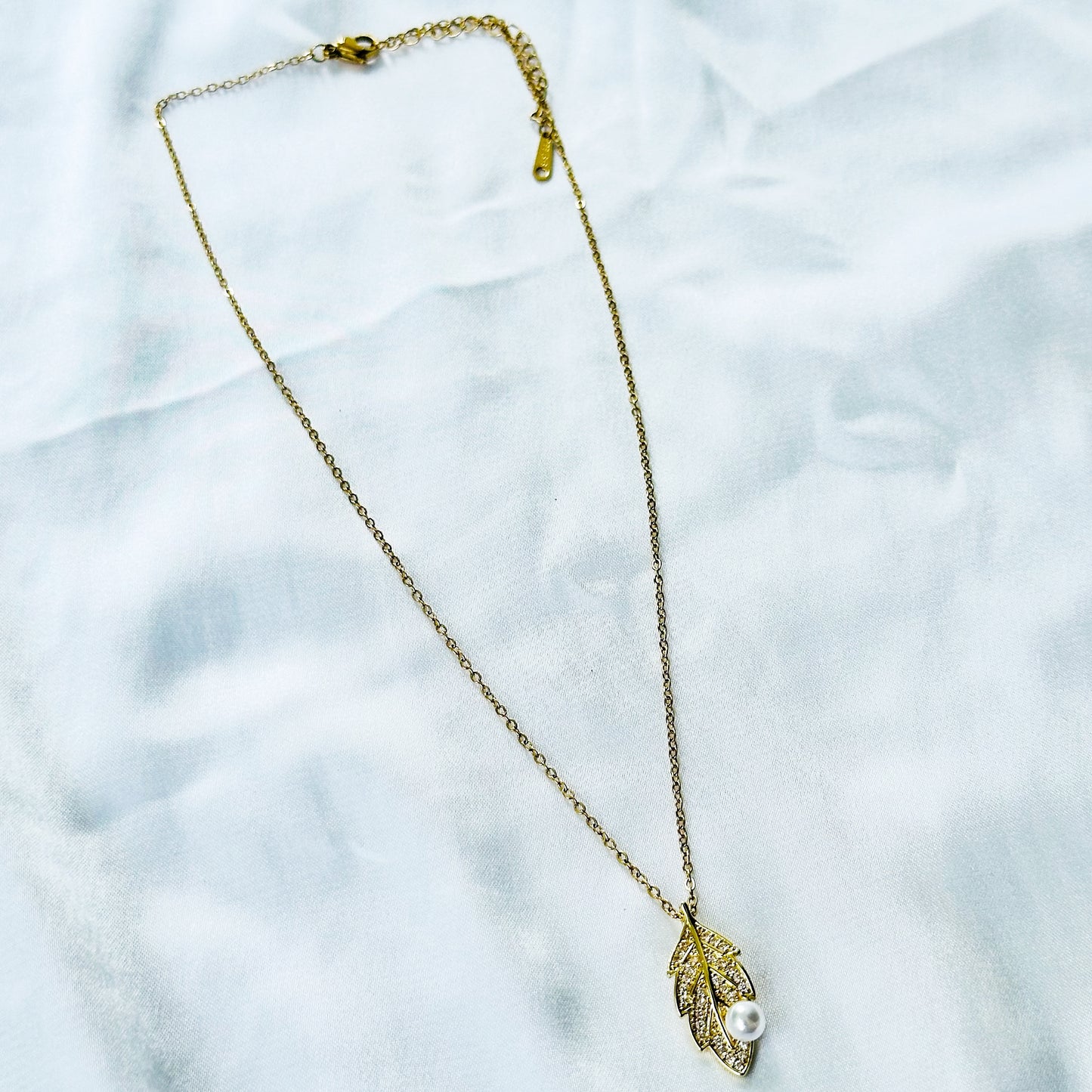 Leaf Design Pearl Studded American Diamond Gold Plated Stainless Steel Necklace