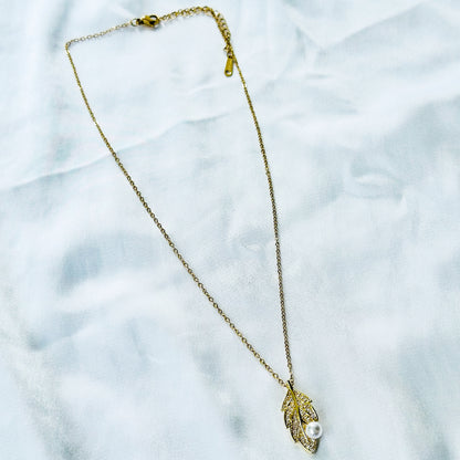 Leaf Design Pearl Studded American Diamond Gold Plated Stainless Steel Necklace