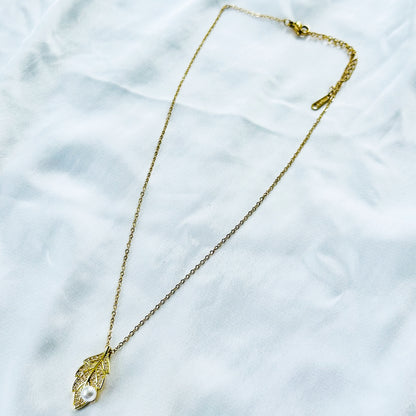 Leaf Design Pearl Studded American Diamond Gold Plated Stainless Steel Necklace