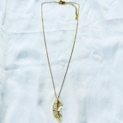 Leaf Design Pearl Studded American Diamond Gold Plated Stainless Steel Necklace