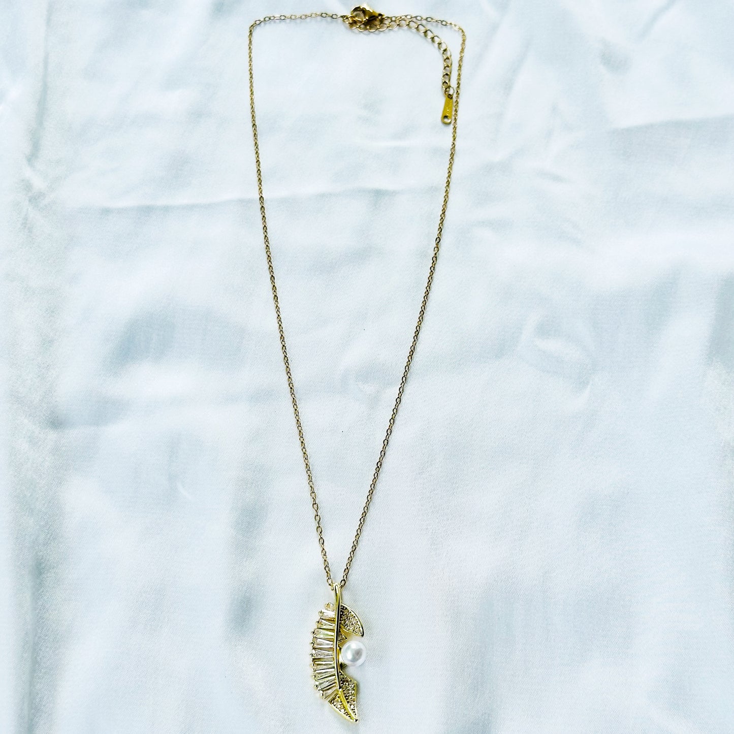Leaf Design Pearl Studded American Diamond Gold Plated Stainless Steel Necklace