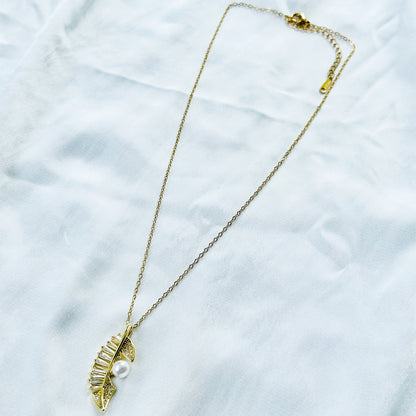 Leaf Design Pearl Studded American Diamond Gold Plated Stainless Steel Necklace