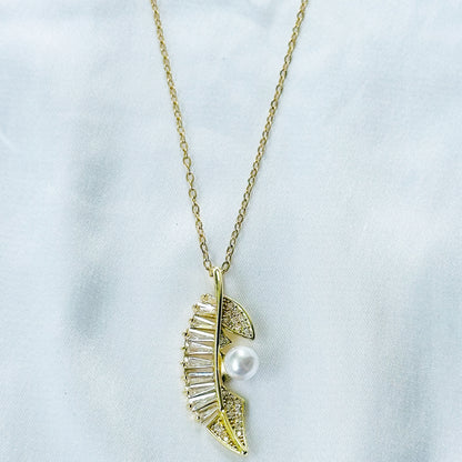 Leaf Design Pearl Studded American Diamond Gold Plated Stainless Steel Necklace