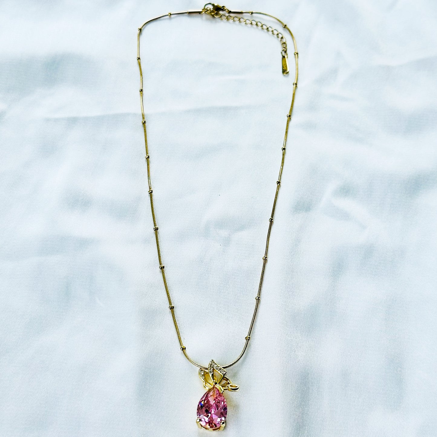 Pink Topaz Cubic Zirconia Butterfly Drop Design American Diamond Gold Plated Stainless Steel Necklace