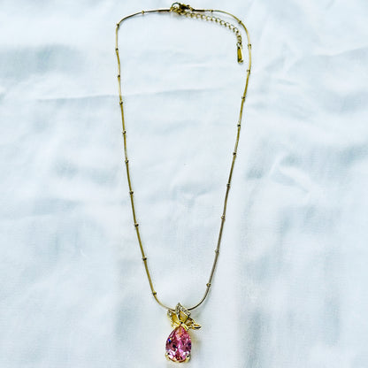 Pink Topaz Cubic Zirconia Butterfly Drop Design American Diamond Gold Plated Stainless Steel Necklace