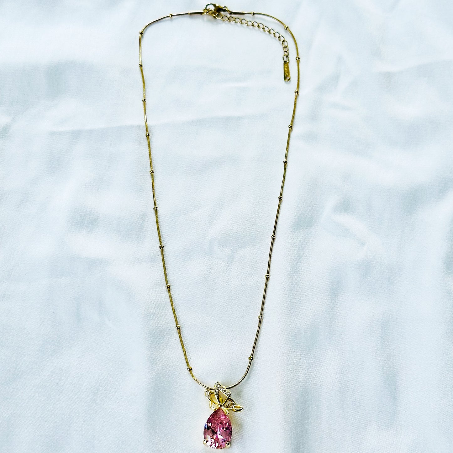 Pink Topaz Cubic Zirconia Butterfly Drop Design American Diamond Gold Plated Stainless Steel Necklace